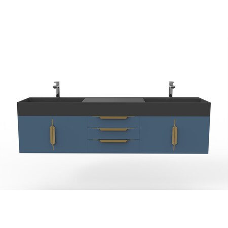 Castello Usa Amazon 72" Wall Mounted Blue Vanity With Black Top And Gold Handles CB-MC-72BLU-GLD-2056-BL